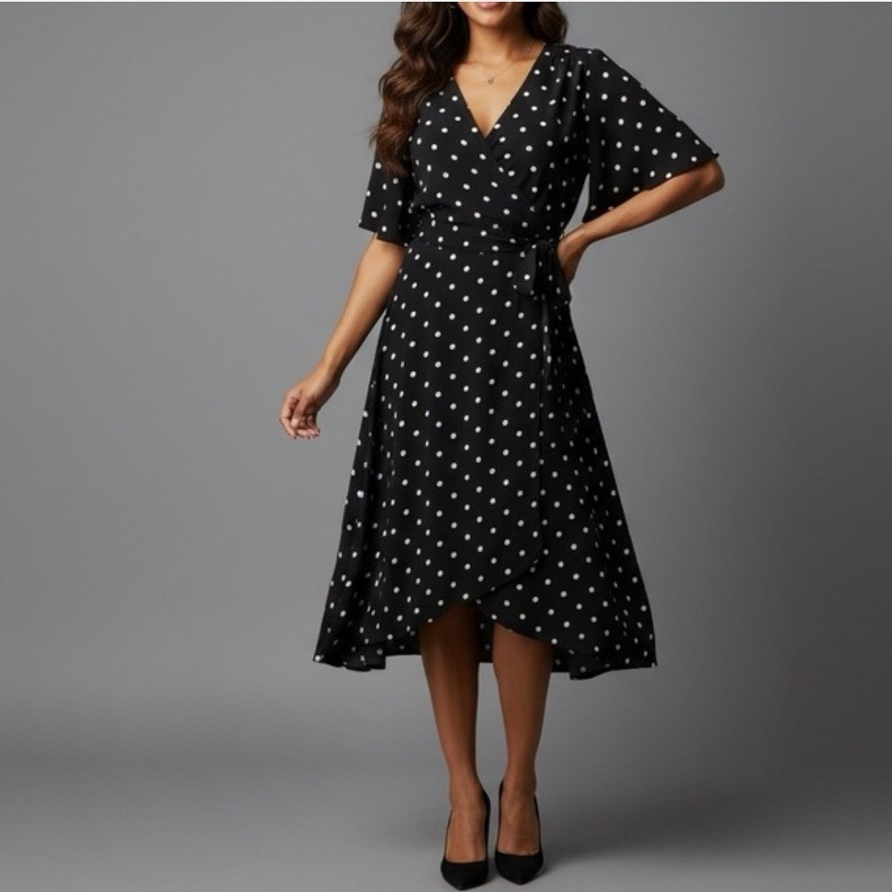 White House Black Market Polka Dot Wrap Dress Black White High Low Midi Small